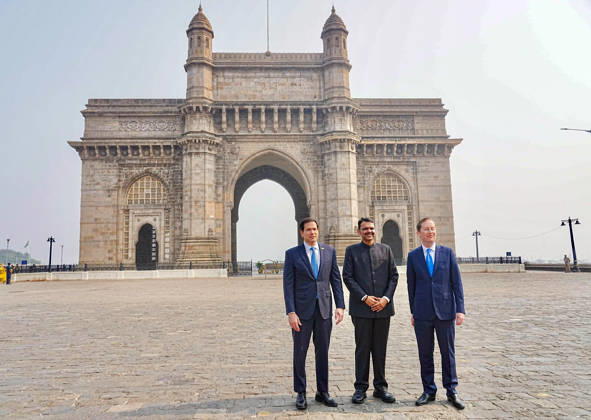 RECORD DATE NOT STATED CM Devendra Fadnavis hosts Marco Rubio and Sergio Gor at the Gateway of India Mumbai, Oct 20 (ANI): Maharashtra Chief Minister Devendra Fadnavis poses for a picture with U.S. Secretary of State Marco Rubio and U.S. Ambassador to India Sergio Gor at the Gateway of India, in Mumbai on Tuesday. (@Dev_Fadnavis X ANI Photo) Mumbai Maharashtra India Copyright: xANIx ANI_20261020286