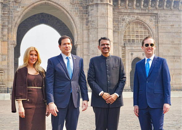 RECORD DATE NOT STATED CM Devendra Fadnavis hosts Marco Rubio and Sergio Gor at the Gateway of India Mumbai, Oct 20 (ANI): Maharashtra Chief Minister Devendra Fadnavis poses for a picture with U.S. Secretary of State Marco Rubio, his wife, Jeanette Dousdebes Rubio and U.S. Ambassador to India Sergio Gor at the Gateway of India, in Mumbai on Tuesday. (@Dev_Fadnavis X ANI Photo) Mumbai Maharashtra India Copyright: xANIx ANI_20261020287