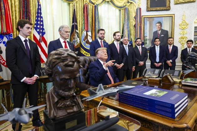 President Donald Trump responds to questions from reporters following his remarks about efforts to crack down on taxpayer fraud in the Oval Office of the White House in Washington, DC on Tuesday, October 20, 2026.  WASP20261020133 JIMxLOxSCALZO