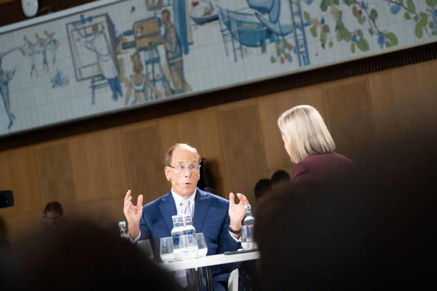 Larry Fink (Laurence Douglas Fink), CEO of BlackRock, speaks at the Berlin Global Dialogue in the former State Council building of the GDR, in conversation with Ola Källenius, CEO of Mercedes-Benz Group AG (on the left in the photo). Berlin Global Dialogue 2026 (BGD 2026), theme: Advancing Alliances for a New Era, Berlin, Berlin, Germany, ESMT