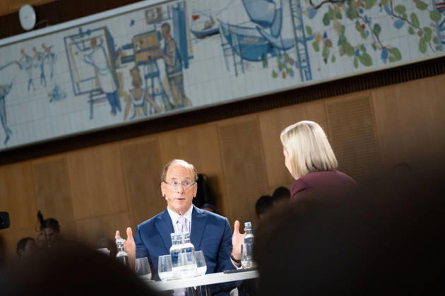 Larry Fink (Laurence Douglas Fink), CEO of BlackRock, speaks at the Berlin Global Dialogue in the former State Council building of the GDR, in conversation with Ola Källenius, CEO of Mercedes-Benz Group AG (on the left in the photo). Berlin Global Dialogue 2026 (BGD 2026), theme: Advancing Alliances for a New Era, Berlin, Berlin, Germany, ESMT