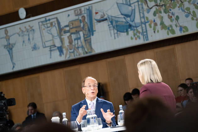 Larry Fink (Laurence Douglas Fink), CEO of BlackRock, speaks at the Berlin Global Dialogue in the former State Council building of the GDR, in conversation with Ola Källenius, CEO of Mercedes-Benz Group AG (on the left in the photo). Berlin Global Dialogue 2026 (BGD 2026), theme: Advancing Alliances for a New Era, Berlin, Berlin, Germany, ESMT