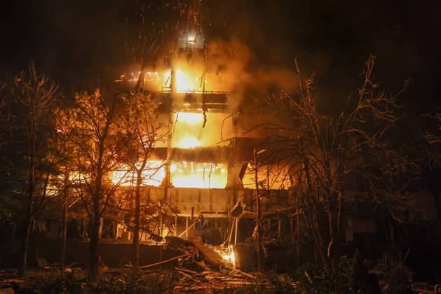 RUSSIA, LUGANSK - OCTOBER 21, 2026: A fire breaks out after a Ukrainian drone strike on a communication hub. Alexander Reka TASS  99700440