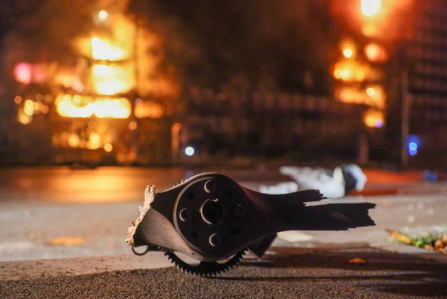 RUSSIA, LUGANSK - OCTOBER 21, 2026: A drone fragment lies on the ground after a Ukrainian military strike on a communication hub. Alexander Reka TASS  99700442