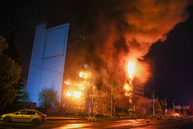 RUSSIA, LUGANSK - OCTOBER 21, 2026: A fire breaks out after a Ukrainian drone strike on a communication hub. Alexander Reka TASS  99700437
