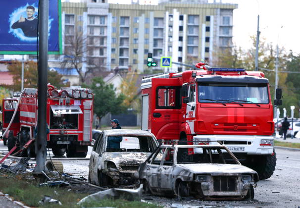 RUSSIA, LUGANSK - OCTOBER 21, 2026: Emergency units respond to the scene of a Ukrainian drone strike on a communication hub. Alexander Reka TASS  99700494