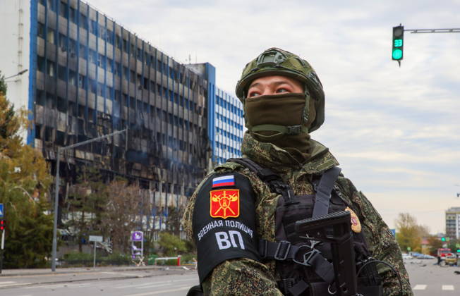 RUSSIA, LUGANSK - OCTOBER 21, 2026: A military police officer stands guard outside a communication hub damaged by a Ukrainian drone strike. Alexander Reka TASS  99700384