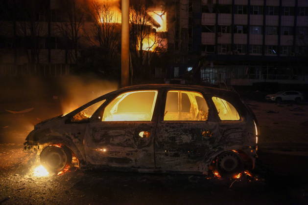 RUSSIA, LUGANSK - OCTOBER 21, 2026: The burnt wreckage of a car remains after a Ukrainian drone strike on a communication hub. Alexander Reka TASS  99700445