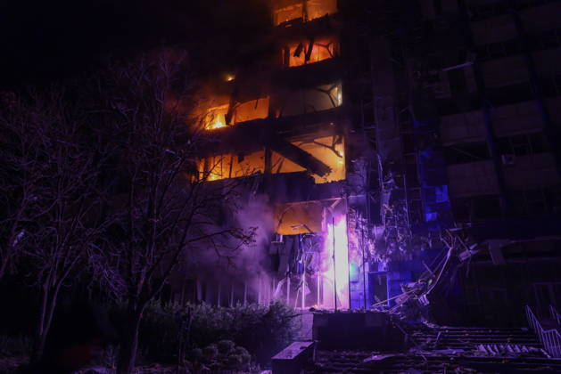 RUSSIA, LUGANSK - OCTOBER 21, 2026: A fire breaks out after a Ukrainian drone strike on a communication hub. Alexander Reka TASS  99700448