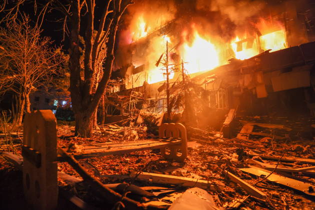 RUSSIA, LUGANSK - OCTOBER 21, 2026: A fire breaks out after a Ukrainian drone strike on a communication hub. Alexander Reka TASS  99700456