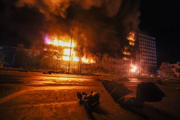 RUSSIA, LUGANSK - OCTOBER 21, 2026: A fire breaks out after a Ukrainian drone strike on a communication hub. Alexander Reka TASS  99700462