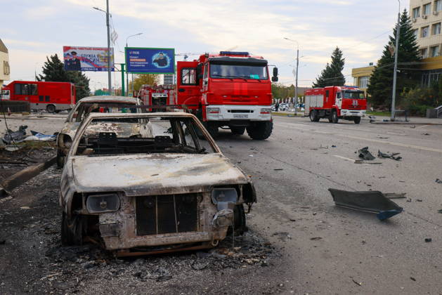 RUSSIA, LUGANSK - OCTOBER 21, 2026: The burnt wreckages of cars remain after a Ukrainian drone strike on a communication hub. Alexander Reka TASS  99700482