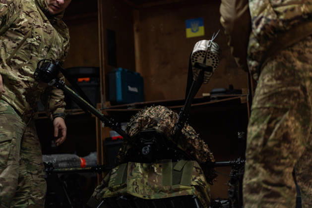 Ukrainian drone unit Skymonsters upgrades heavy UAVs in Kharkiv region KHARKIV REGION, UKRAINE - OCTOBER 21: Members of Skymonsters, the drone unit of the 13th Khartiia Brigade of Ukraine s National Guard, assemble, upgrade, and repair large unmanned aerial vehicles at an undisclosed location in Kharkiv region, Ukraine, on October 21, 2026. The drones, including Vampire models used for logistics missions and heavy bombers capable of carrying 13 to 20 kilograms of explosives, are prepared here before deployment to frontline positions. Carlo Bravo Anadolu Kharkiv Ukraine. Editorial use only. Please get in touch for any other usage.  Copyright: x2026xAnadoluxCarloxBravox