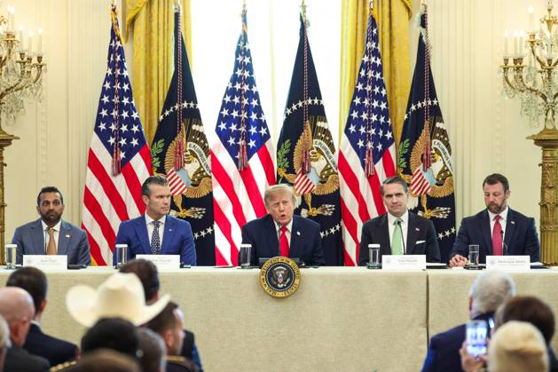 DC: Trump Roundtable on Cybercrime Against Seniors United States President Donald J Trump makes remarks as he hosts a Roundtable on Protecting American Families and Seniors from Cybercrime, in the East Room of the White House in Washington, DC, USA, on Wednesday, October 21, 2026. Credit: Ron Sachs CNP MediaPunch. 21 Oct 2026 Pictured: United States President Donald J Trump, center, speaks as, from left to right: Kash Patel, Director, Federal Bureau of Investigation (FBI), US Secretary of War Pete Hegseth, US Attorney General Todd Blanche and US Secretary of Homeland Security (DHS) Markwayne Mullin, listen during a roundtable discussion on cybercrime in the East Room of the White House on October 21, 2026 in Washington, D.C. The admini Copyright: xThexMegaxAgencyxCNPx xMediaPunchx xMEGAx