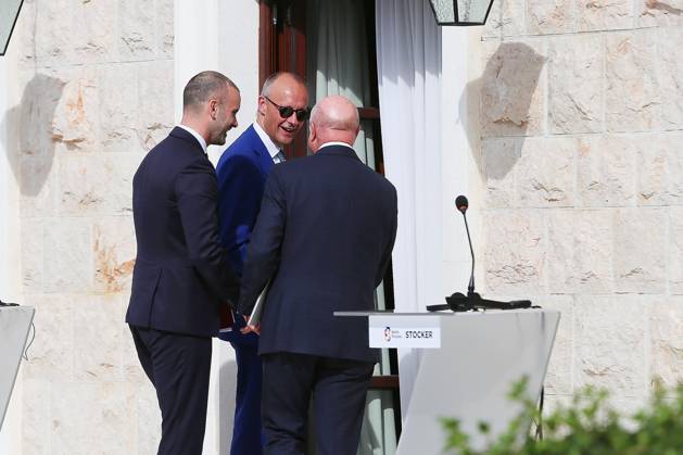 Sveti Stefan, Montenegro, October 22, 2026—The Chancellor’s trip abroad for the Berlin Process Summit; press conference with Montenegro’s Prime Minister Milojko Spajic, German Chancellor Friedrich Merz (CDU), and Austrian Chancellor Christian Stocker Copyright: xdtsxNachrichtenagenturx dts_140278