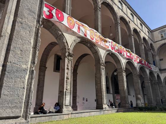 October 22, 2026, Naples, Italy: NAPLES, ITALY OCTOBER 22, 2026: Students of the Collettivo autorganizzato universitario (CAU, the Self-Organised University Collective), together with Ecologia Politica Napoli (Ecopol), are occupying the Porta di Massa site of the University of Naples Federico II, which they took over on October 21. Francesco, a spokesperson for the collective, said: We are occupying our site against high rents, against the cost of living and for a right to study that is truly possible for everyone. A banner at the entrance presents the occupation as a step towards the October 30 general strike. The occupation came as the university announced that, from October 22 and until further notice, ordinary teaching would mov - ZUMAq101 20261022_zna_q101_102 Copyright: xAlessiaxCoccax