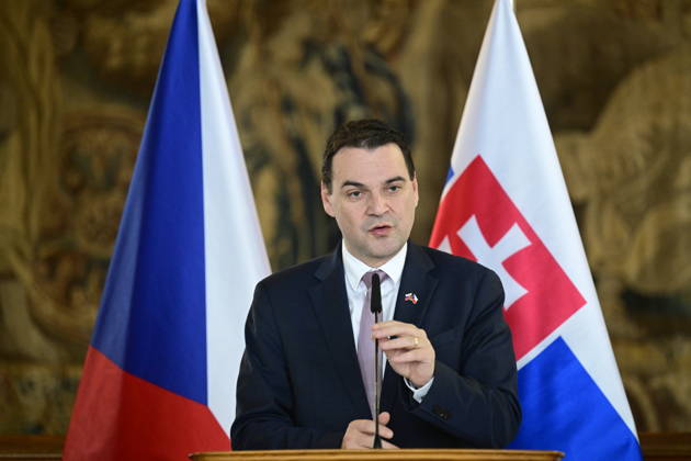 The press conference after meeting of Czech Foreign Affair Minister Petr Macinka, pictured, and his Slovak counterpart Juraj Blanar, on preparations for joint session of the two governments and further development of Czech-Slovak relations, in Prague, Czech Republic, on October 23, 2026. (CTKxPhoto RomanxVondrous) CTKPhotoP2026102304345  CTKPhotoP2026102304345