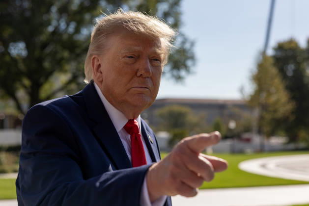 US President Donald Trump speaks to reporters outside the White House as he departs via Marine One on Friday, October 23, 2026 in Washington, DC. Trump will make a campaign stop in Florida before heading to Mar-a-Lago.  WASP2026102308 TierneyxCross
