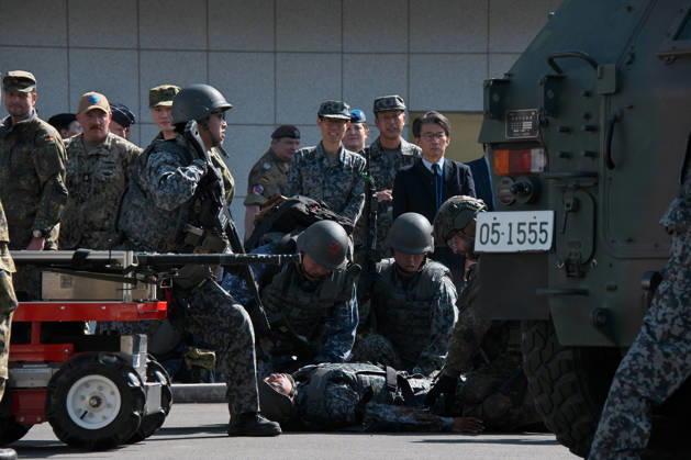 Members of Japan Self-Defense Forces and German Military take part in the joint medical training during the Japan and U.S. military exercise Keen Sword 27 at Iruma Air Base in Saitama-Prefecture, Japan on Friday, October 23, 2026. Japan Self-Defense Forces, U.S. Military, and partner forces will hold the exercise Keen Sword 27 from October 19th to 29th in Japan. Approximately JSDF(Japan Self-Defense Forces) 45,000 personnel, U.S. troops 11,000, and forces from Australia, Canada, France, Germany, the Netherlands, New Zealand, and the Philippines participating with observers from the Republic of Korea and the United Kingdom. TKP2026102320 KEIZOxMORI