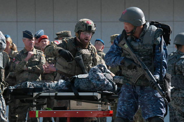 Members of Japan Self-Defense Forces and German Military take part in the joint medical training during the Japan and U.S. military exercise Keen Sword 27 at Iruma Air Base in Saitama-Prefecture, Japan on Friday, October 23, 2026. Japan Self-Defense Forces, U.S. Military, and partner forces will hold the exercise Keen Sword 27 from October 19th to 29th in Japan. Approximately JSDF(Japan Self-Defense Forces) 45,000 personnel, U.S. troops 11,000, and forces from Australia, Canada, France, Germany, the Netherlands, New Zealand, and the Philippines participating with observers from the Republic of Korea and the United Kingdom. TKP2026102321 KEIZOxMORI