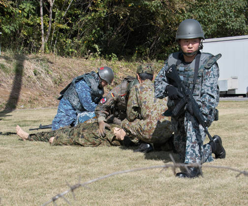 Members of Japan Self-Defense Forces and German Military take part in the joint medical training during the Japan and U.S. military exercise Keen Sword 27 at Iruma Air Base in Saitama-Prefecture, Japan on Friday, October 23, 2026. Japan Self-Defense Forces, U.S. Military, and partner forces will hold the exercise Keen Sword 27 from October 19th to 29th in Japan. Approximately JSDF(Japan Self-Defense Forces) 45,000 personnel, U.S. troops 11,000, and forces from Australia, Canada, France, Germany, the Netherlands, New Zealand, and the Philippines participating with observers from the Republic of Korea and the United Kingdom. TKP2026102323 KEIZOxMORI