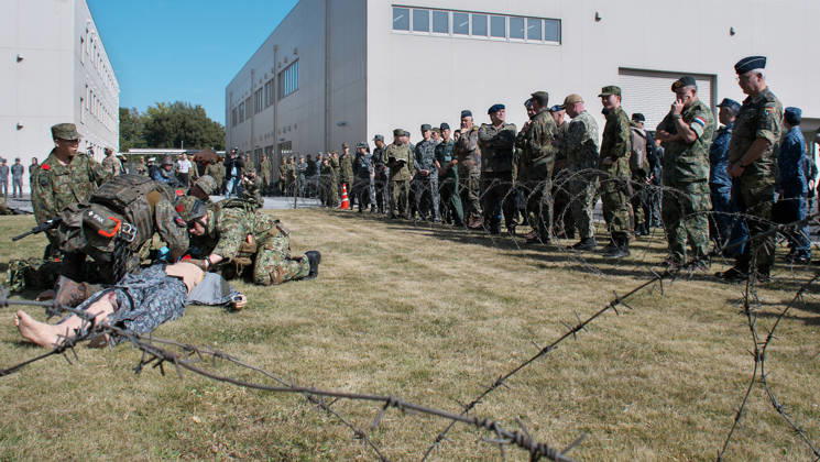 Members of Japan Self-Defense Forces and German Military take part in the joint medical training during the Japan and U.S. military exercise Keen Sword 27 at Iruma Air Base in Saitama-Prefecture, Japan on Friday, October 23, 2026. Japan Self-Defense Forces, U.S. Military, and partner forces will hold the exercise Keen Sword 27 from October 19th to 29th in Japan. Approximately JSDF(Japan Self-Defense Forces) 45,000 personnel, U.S. troops 11,000, and forces from Australia, Canada, France, Germany, the Netherlands, New Zealand, and the Philippines participating with observers from the Republic of Korea and the United Kingdom. TKP2026102325 KEIZOxMORI