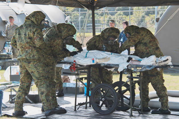 Members of Japan Self-Defense Forces and German Military take part in the joint medical training during the Japan and U.S. military exercise Keen Sword 27 at Iruma Air Base in Saitama-Prefecture, Japan on Friday, October 23, 2026. Japan Self-Defense Forces, U.S. Military, and partner forces will hold the exercise Keen Sword 27 from October 19th to 29th in Japan. Approximately JSDF(Japan Self-Defense Forces) 45,000 personnel, U.S. troops 11,000, and forces from Australia, Canada, France, Germany, the Netherlands, New Zealand, and the Philippines participating with observers from the Republic of Korea and the United Kingdom. TKP2026102326 KEIZOxMORI
