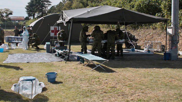 Members of Japan Self-Defense Forces and German Military take part in the joint medical training during the Japan and U.S. military exercise Keen Sword 27 at Iruma Air Base in Saitama-Prefecture, Japan on Friday, October 23, 2026. Japan Self-Defense Forces, U.S. Military, and partner forces will hold the exercise Keen Sword 27 from October 19th to 29th in Japan. Approximately JSDF(Japan Self-Defense Forces) 45,000 personnel, U.S. troops 11,000, and forces from Australia, Canada, France, Germany, the Netherlands, New Zealand, and the Philippines participating with observers from the Republic of Korea and the United Kingdom. TKP2026102327 KEIZOxMORI