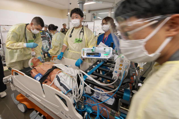 Members of Japan Self-Defense Forces and German Military take part in the joint medical training during the Japan and U.S. military exercise Keen Sword 27 at Iruma Air Base in Saitama-Prefecture, Japan on Friday, October 23, 2026. Japan Self-Defense Forces, U.S. Military, and partner forces will hold the exercise Keen Sword 27 from October 19th to 29th in Japan. Approximately JSDF(Japan Self-Defense Forces) 45,000 personnel, U.S. troops 11,000, and forces from Australia, Canada, France, Germany, the Netherlands, New Zealand, and the Philippines participating with observers from the Republic of Korea and the United Kingdom. TKP2026102329 KEIZOxMORI