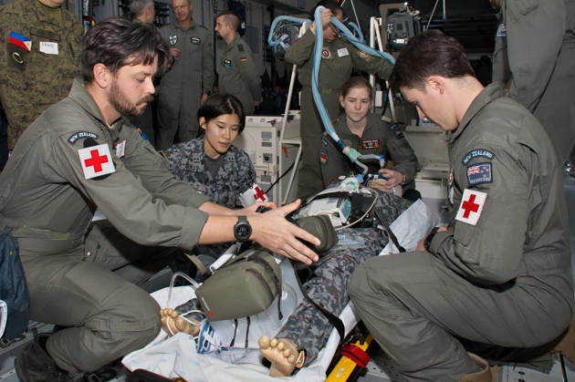 Members of Japan Self-Defense Forces and German Military take part in the joint medical training aboard the German Air Force transport aircraft A400M Atlas during the Japan and U.S. military exercise Keen Sword 27 at Iruma Air Base in Saitama-Prefecture, Japan on Friday, October 23, 2026.  TKP2026102332 KEIZOxMORI
