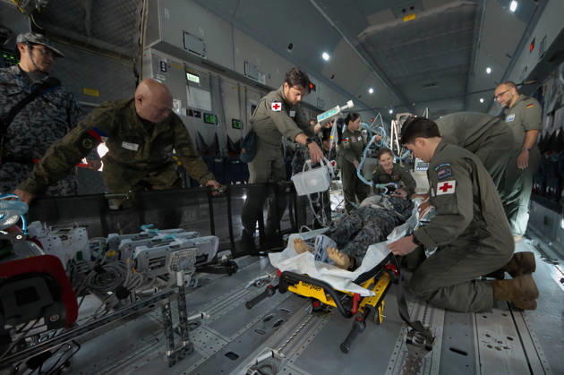 Members of Japan Self-Defense Forces and German Military take part in the joint medical training aboard the German Air Force transport aircraft A400M Atlas during the Japan and U.S. military exercise Keen Sword 27 at Iruma Air Base in Saitama-Prefecture, Japan on Friday, October 23, 2026.  TKP2026102333 KEIZOxMORI