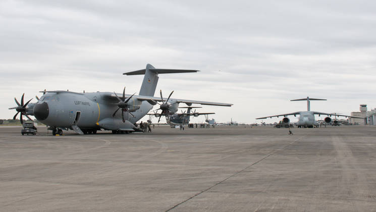 The German Air Force transport aircraft A400M Atlas, JASDF s transport aircraft Kawasaki C-2 and JMSDF s air-sea rescue amphibian Shin Maywa US-2 are seen parked to take part in the Japan and U.S. military exercise Keen Sword 27 at Iruma Air Base in Saitama-Prefecture, Japan on Friday, October 23, 2026.  TKP2026102334 KEIZOxMORI