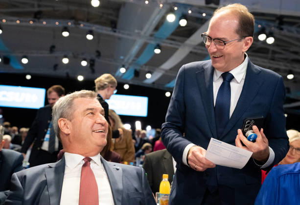 Munich, Bavaria, Germany October 23, 2026: The 2026 party convention of the CSU (Christian Social Union) at the Munich Trade Fair Center. Minister-President Dr. Markus Söder speaks with Alexander Dobrindt, Federal Minister of the Interior of the Federal Republic of Germany, Minister of the Interior
