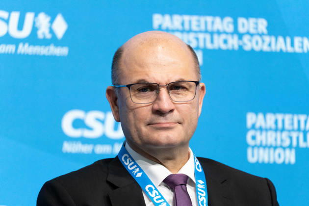 Munich, Bavaria, Germany October 23, 2026: The 2026 Party Convention of the CSU (Christian Social Union) at Messe München. Forum: LOCAL POLITICS, STRONG COMMUNITIES. A BRIGHT FUTURE. Albert Füracker, Member of the State Parliament (MdL). Minister of State for Finance and Home Affairs, Minister of Finance