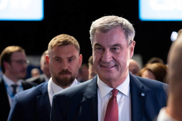 Munich, Bavaria, Germany October 23, 2026: The 2026 convention of the CSU (Christian Social Union) at the Munich Trade Fair Center. Arrival of Minister President Dr. Markus Söder with bodyguards, security personnel, and personal protection