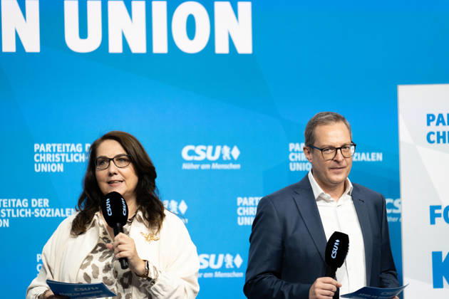 Munich, Bavaria, Germany October 23, 2026: The 2026 Party Convention of the CSU (Christian Social Union) at Messe München. Forum: LOCAL POLITICS, STRONG COMMUNITIES. A BRIGHT FUTURE. Tanja Schorer-Dremel (Member of the State Parliament) and CSU Secretary General Martin Huber (Member of the State Parliament)
