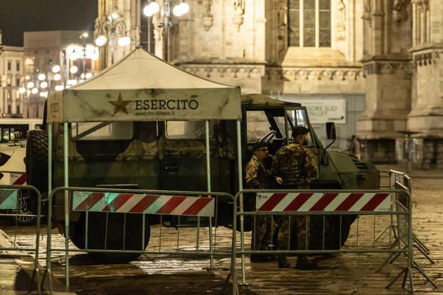 Shops in Milan board up windows ahead of cost-of-living protest MILAN, ITALY - OCTOBER 23: On the eve of an unauthorized demonstration against the high cost of living, the army is patrolling the city center, with another 500 paratroopers expected to be deployed the following day in Milan, Italy, on October 23, 2026. This measure follows the destruction and looting that occurred in Milan the previous weekend during similar protests against the high cost of living. Andrea Carrubba Anadolu Milan Italy. Editorial use only. Please get in touch for any other usage.  Copyright: x2026xAnadoluxAndreaxCarrubbax