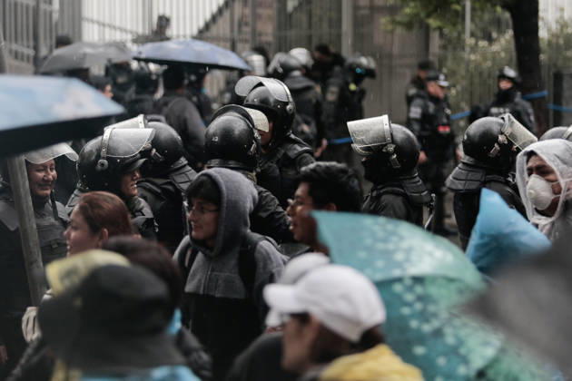 Bolivian teachers march amid the state of emergency in Bolivia LA PAZ, BOLIVIA - OCTOBER 23: Police guard the streets in the rain during a teachers protest against the government, amid a state of emergency in La Paz, Bolivia, on October 23, 2026. The Urban Teachers Union is holding a 24-hour nationwide strike this Friday to press a series of demands upon the national government. In La Paz, Cochabamba, Chuquisaca, and Santa Cruz, teachers are staging marches and protests, despite the state of emergency currently in effect in the country. Jorge Mateo Romay Salinas Anadolu La paz Bolivia. Editorial use only. Please get in touch for any other usage.  Copyright: x2026xAnadoluxJorgexMateoxRomayxSalinasx