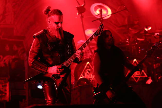 Kjell Age Damage Karlsen and Victor Brandt (from left), members of the band Dimmu Borgir, at a concert at the Columbiahalle in Berlin on October 23, 2026. Behemoth Dimmu Borgir Concert Berlin