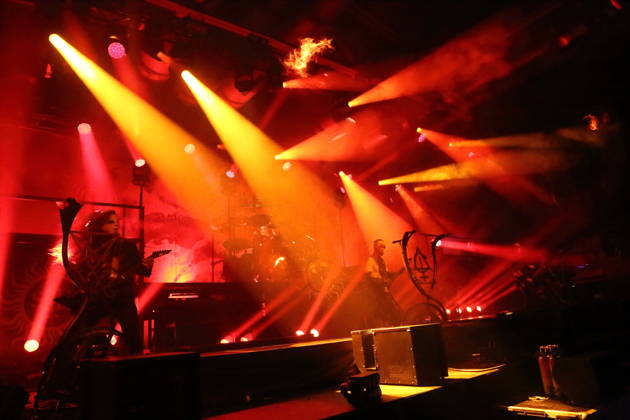 Patryk Dominik Seth Sztyber, Zbigniew Robert Inferno Prominski, Adam Michal Nergal Darski, and Tomasz Orion Wroblewski (from left), members of the band Behemoth, at a concert at the Columbiahalle in Berlin on October 23, 2026. Behemoth and Dimmu Borgir Concert in Berlin