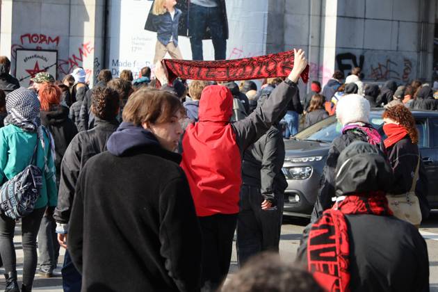 This image shows demonstrators after a call for protests in Brussels for purchasing power, healthcare, and education, on Saturday 24 October 2026.  NICOLASxMAETERLINCK 190856281