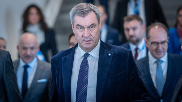 CSU Party Chairman Markus Söder on his way to Exhibition Hall C6, with Alexander Drobrindt on the right and Alexander Hoffmann on the left; CSU Party Convention in Munich, Munich, Bavaria, Germany; Munich Exhibition Center
