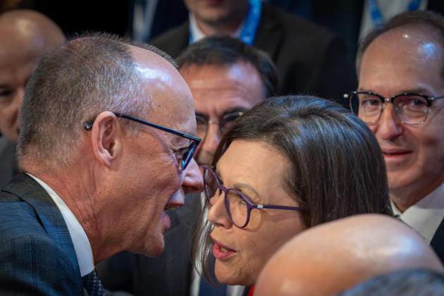 Chancellor Friedrich Merz (CDU) welcomes Ilse Aigner (CSU) at the CSU Party Convention, Munich Exhibition Halls, Munich, October 24, 2026