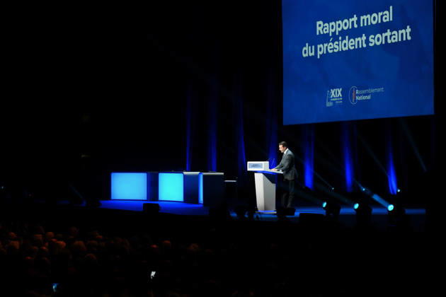 XIXth Congress French Far-right Party RN - Orleans President of French far-right party Rassemblement National RN Jordan Bardella on stage during the XIXth Congress of Rassemblement National RN, in Orleans, France on October 24 2026. Photo by Franck Castel ABACAPRESS.COM Orleans France  Copyright: xCastelxFranck ABACAx
