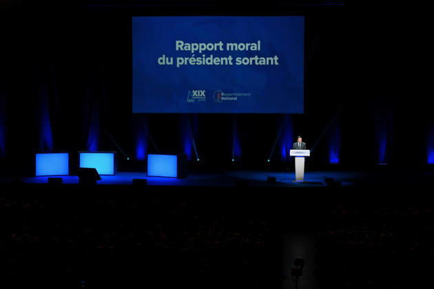 XIXth Congress French Far-right Party RN - Orleans President of French far-right party Rassemblement National RN Jordan Bardella on stage during the XIXth Congress of Rassemblement National RN, in Orleans, France on October 24 2026. Photo by Franck Castel ABACAPRESS.COM Orleans France  Copyright: xCastelxFranck ABACAx