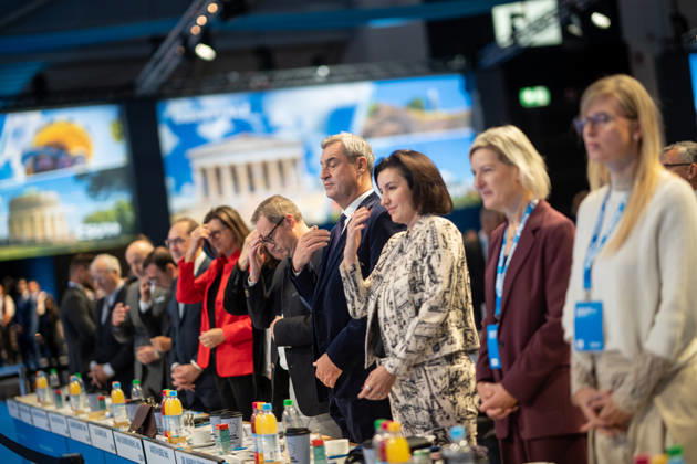 Joint prayer at the start of the second day of the event with Markus Söder, Dorothee Doro Bär, Martin Huber, Ilse Aigner, Alexander Dobrindt, and others; CSU Party Convention in Munich, Munich, Bavaria, Germany; Munich Trade Fair Grounds