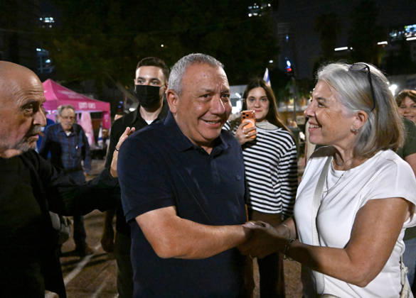 Gadi Eisenkot, Head of the Yashar Party, greets supporters before joining Israelis at a protest in Hostage Square in Tel Aviv, three days before the election, demanding an independent State Commission of Inquiry into the failures surrounding the October 7, 2023, Hamas massacre, on Saturday, October 24, 2026.  JER2026102410 DEBBIExHILL