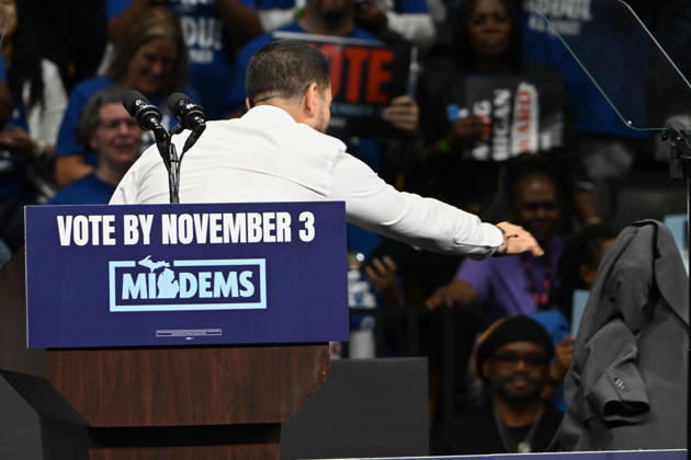 October 24, 2026, Detroit, Michigan, USA: Abdul El-Sayed, Democratic Nominee for United States Senate from Michigan, speaks at a Democratic candidates rally at Cass Technical High School in Detroit, Michigan, USA on Saturday, October 24, 2026. Winning US Senate and US House races in the swing state of Michigan is central to Democratic hopes to wrest power in both chambers of the US Congress from the Republicans Detroit USA - ZUMAs152 20261024_faa_s152_002 Copyright: xKylexMazzax
