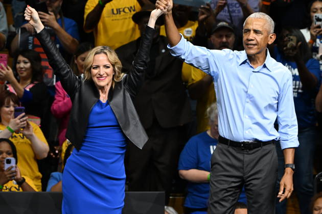 Secretary of State Jocelyn Benson, Democratic Nominee for Governor of the State of Michigan, left, and former US President Barack Obama together after speaking at a Democratic candidates rally at Cass Technical High School in Detroit, Michigan, USA on Saturday, October 24, 2026. Winning US Senate and US House races in the swing state of Michigan is central to Democratic hopes to wrest power in both chambers of the US Congress from the Republicans. Copyright: xKylexMazzax xCNPx MediaPunchx