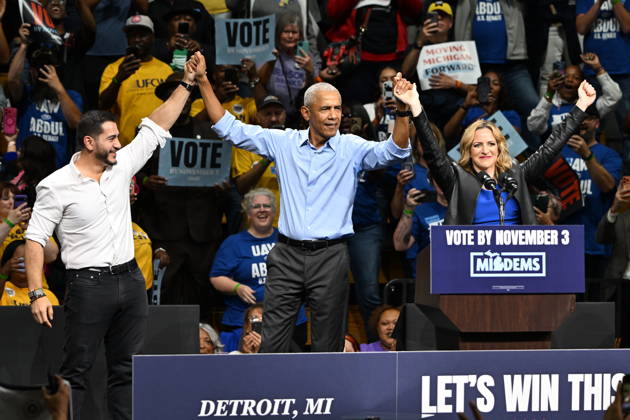 From left to right: Abdul El-Sayed, Democratic Nominee for United States Senate from Michigan; former US President Barack Obama; and Secretary of State Jocelyn Benson, Democratic Nominee for Governor of the State of Michigan, together after speaking at a Democratic candidates rally at Cass Technical High School in Detroit, Michigan, USA on Saturday, October 24, 2026. Winning US Senate and US House races in the swing state of Michigan is central to Democratic hopes to wrest power in both chambers of the US Congress from the Republicans. Copyright: xKylexMazzax xCNPx MediaPunchx